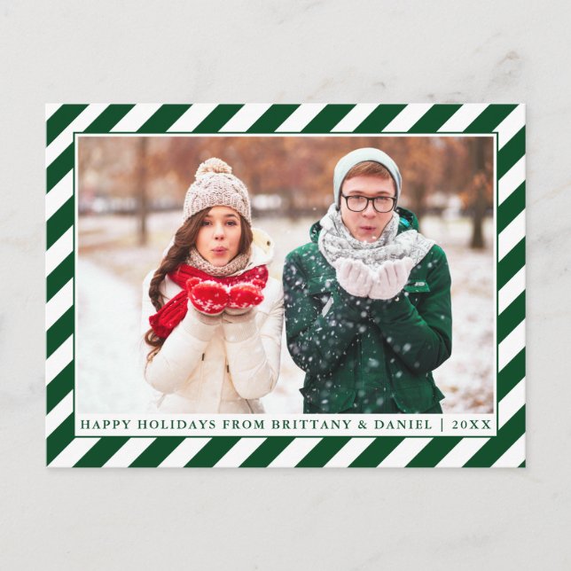 Modern Happy Holidays Green Stripes Photo Postkarte (Vorderseite)