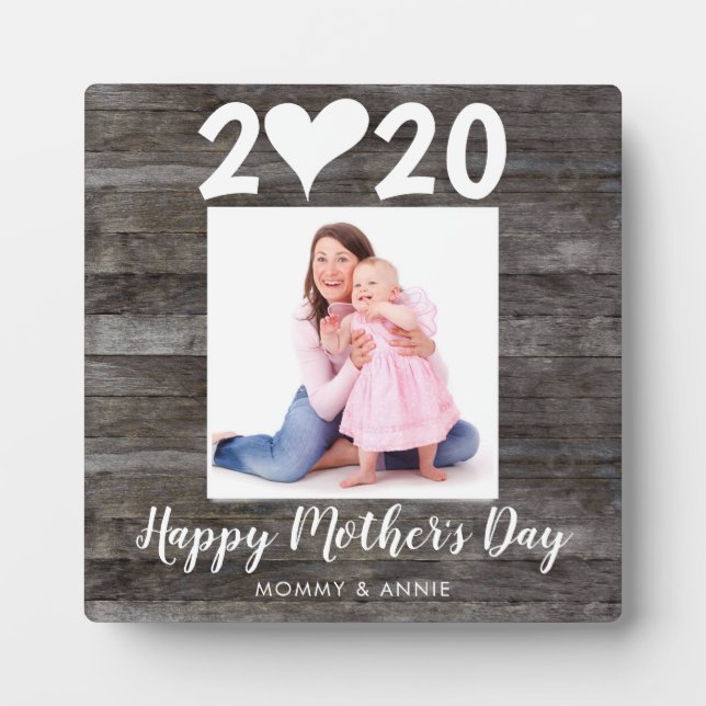 Modern Happy Mother's Day Script Heart Wood Foto Fotoplatte (Vorderseite)