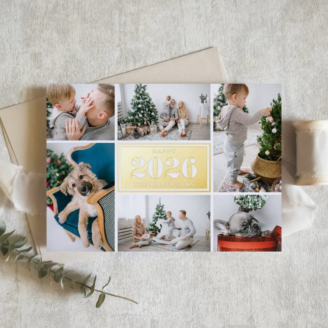 Modern Happy New Year 2025 Foto Collage (Send 2026 new year cheer with this customizable gold foil photo collage Happy New Year Card. )