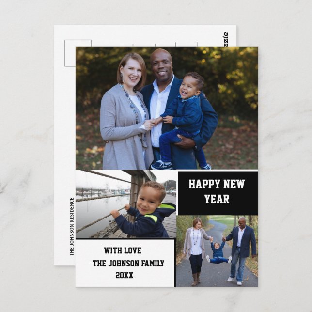 Modern Happy New Year 3 Foto Collage Postkarte (Vorne/Hinten)