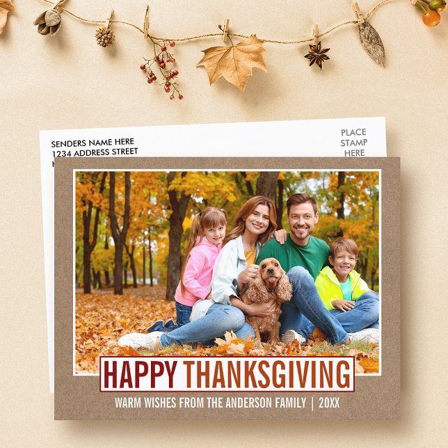 Modern Happy Thanksgiving Family Foto Kraft Postkarte (Customize to change your personalized text size or text style.)