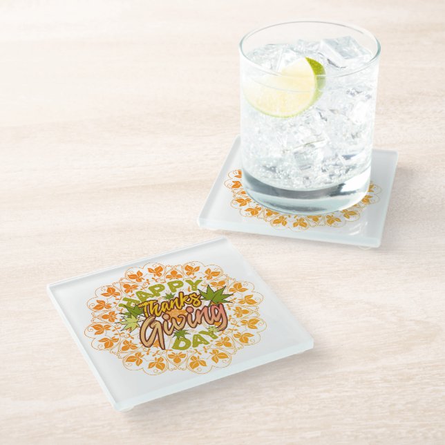 Modern Happy Thanksgiving Seamless Foliage Mandala Glasuntersetzer (Schrägansicht)