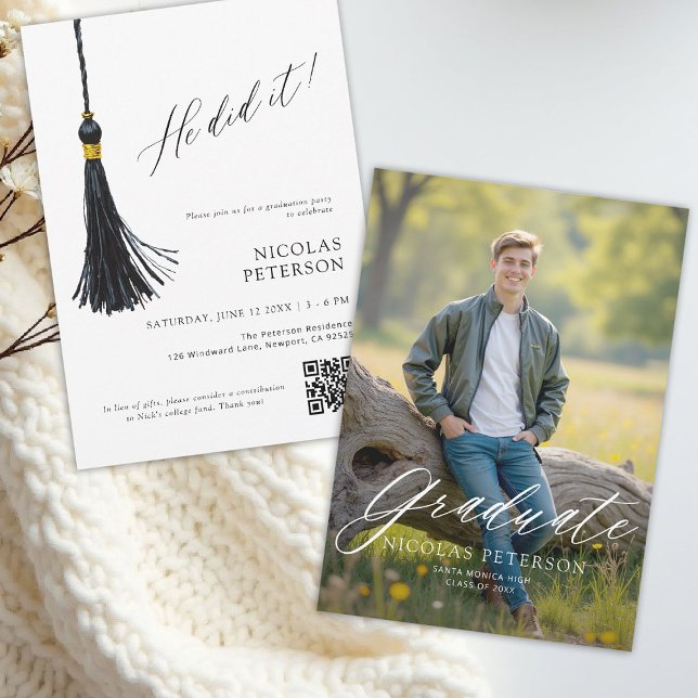 Modern He Did It Abiturient Ankündigung (graduation announcement party invitation photo modern calligraphy simple elegant tassel he did it)