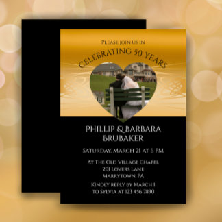 Modern Heart Photo Golden 50th Wedding Anniversary Einladung