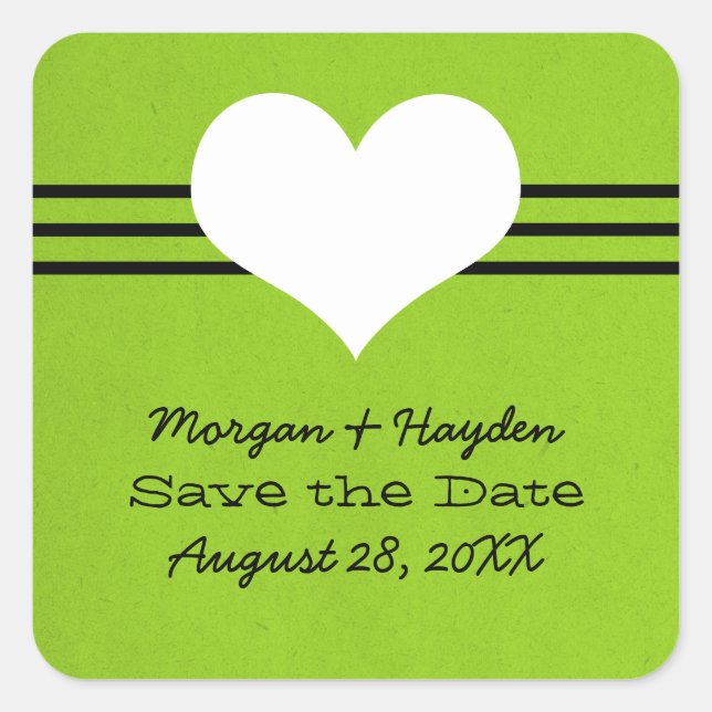 Modern Heart Save the Date Stickers, Green Quadratischer Aufkleber (Vorderseite)