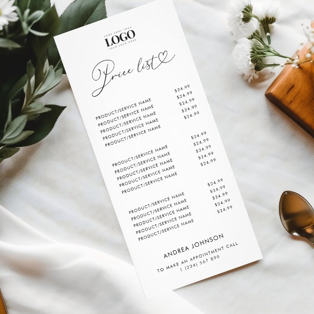 Modern Heart Script & Logo Minimalist Price List Werbekarte (Von Creator hochgeladen)