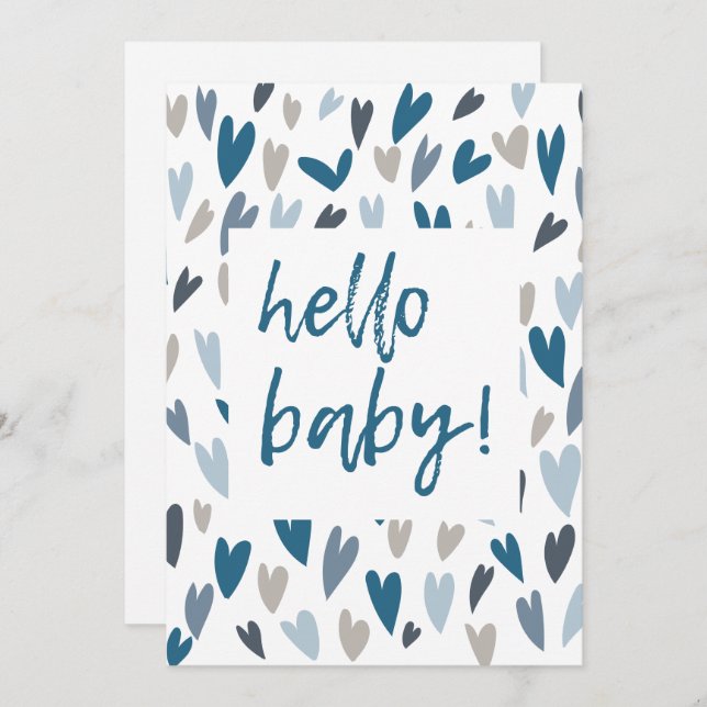 Modern Hearts Blue Boy Hello Baby Dusche Einladung (Vorne/Hinten)