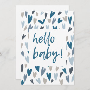 Modern Hearts Blue Boy Hello Baby Dusche Einladung