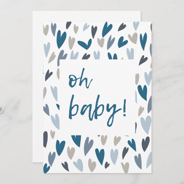 Modern Hearts Blue Boy Oh Baby Dusche Einladung (Vorne/Hinten)