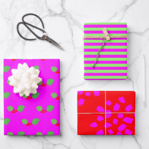 Modern hell Grün Rot Heiße Rosa Weihnachten Geschenkpapier Set