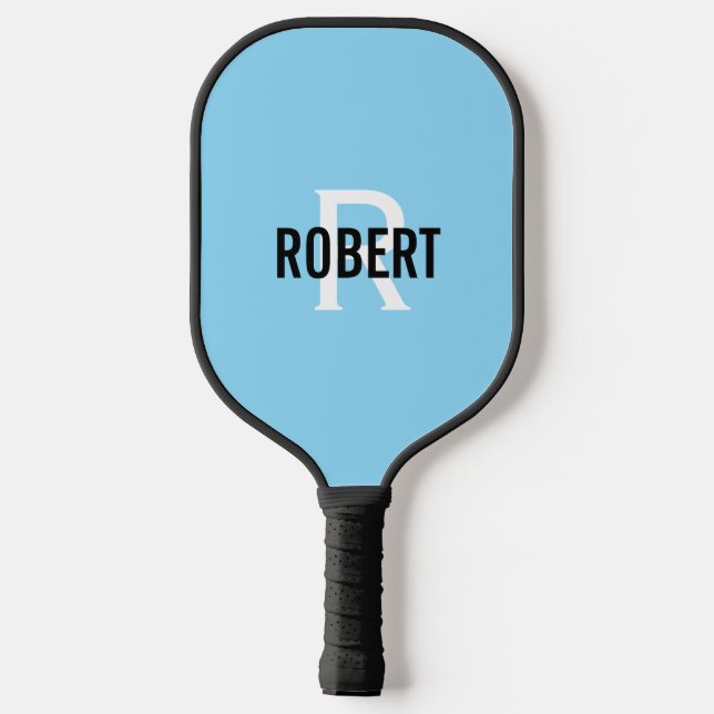 Modern hellblau-weiße Monogramm-Bezeichnung Pickleball Schläger (Rückseite)