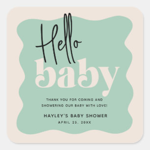 Modern Hello Baby Mint Green & Cream Baby Dusche Quadratischer Aufkleber