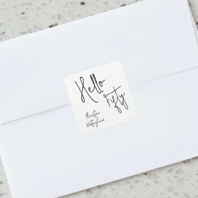 Modern Hello Fifty Script 50th Birthday Party  Quadratischer Aufkleber (Von Creator hochgeladen)