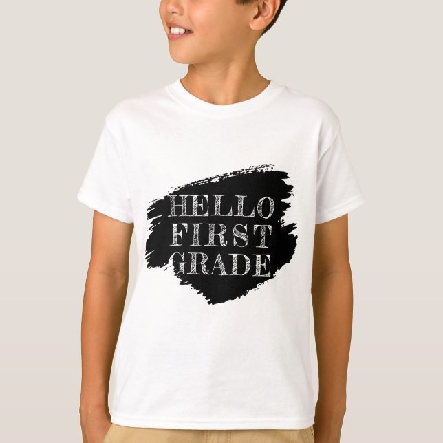 Modern Hello First Grade Kinder Schwarz und Weiß T-Shirt (Vorderseite)