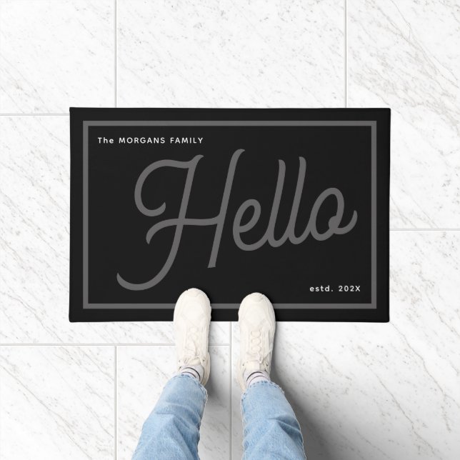 Modern Hello Grey White Script Family Name Fußmatte (Indoor)