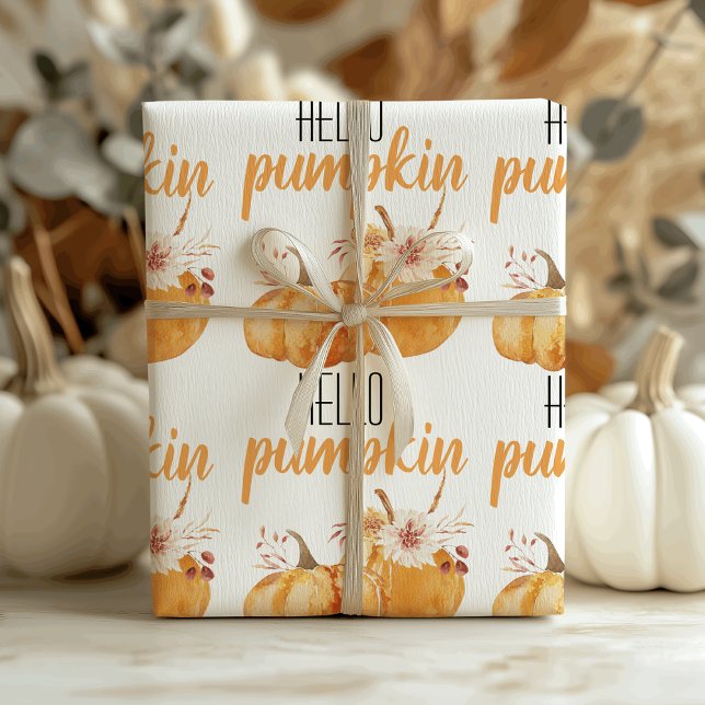 Modern Hello Pumpkin Orange Pumpkin mit Blume Geschenkpapier (Von Creator hochgeladen)