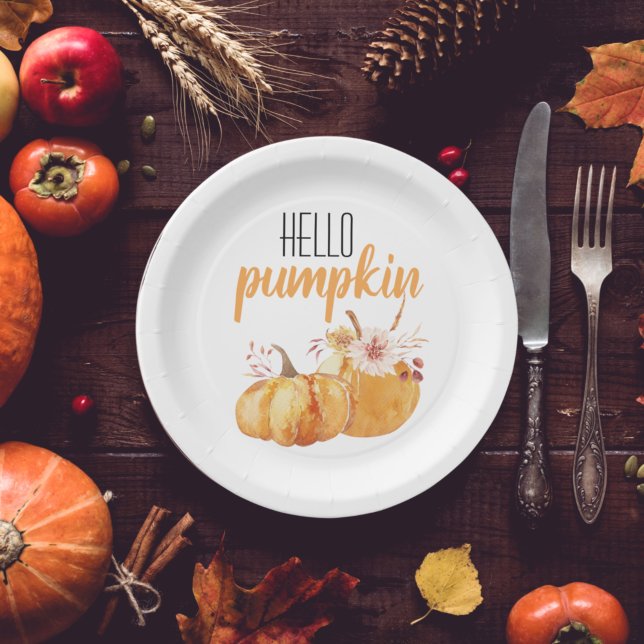 Modern Hello Pumpkin Orange Pumpkin mit Blume Pappteller (Von Creator hochgeladen)