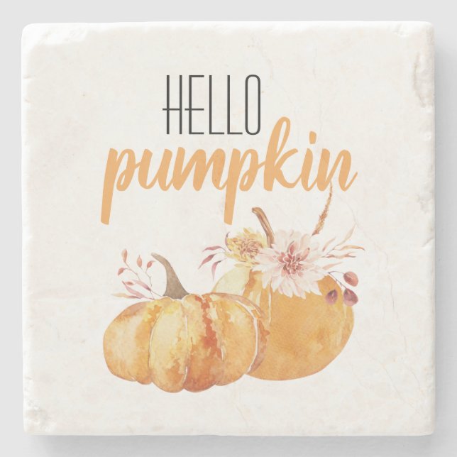 Modern Hello Pumpkin Orange Pumpkin mit Blume Steinuntersetzer (Vorderseite)