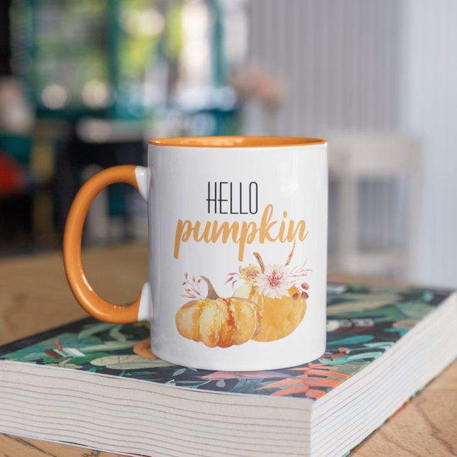 Modern Hello Pumpkin Orange Pumpkin mit Blume Zweifarbige Tasse (Von Creator hochgeladen)