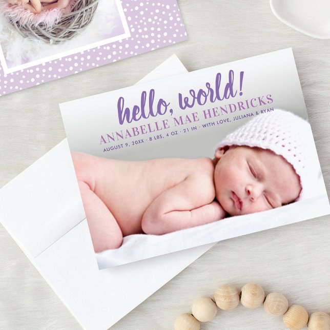 Modern Hello World Lila Baby Girl Foto Birth Ankündigung (Von Creator hochgeladen)