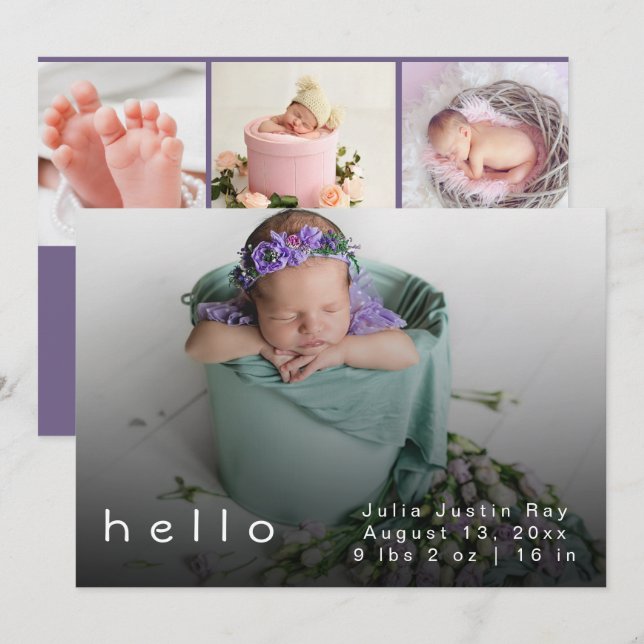 Modern Hello World Lila Baby Girl Foto Birth Dankeskarte (Vorne/Hinten)