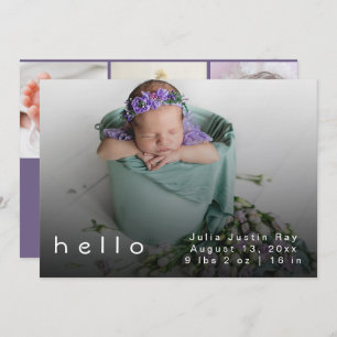Modern Hello World Lila Baby Girl Foto Birth Dankeskarte
