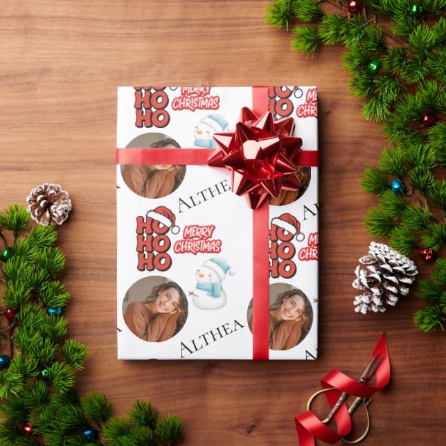 Modern Ho Ho Ho Ein Foto Name Frohe Weihnachten Geschenkpapier (Feiertagsgeschenk)