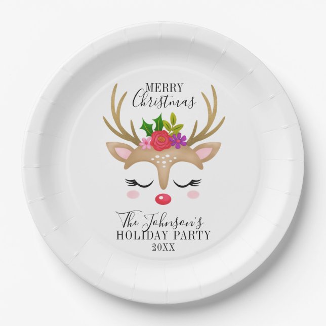 Modern Holiday Whimsical Reindeer Christmas Pappteller (Vorderseite)