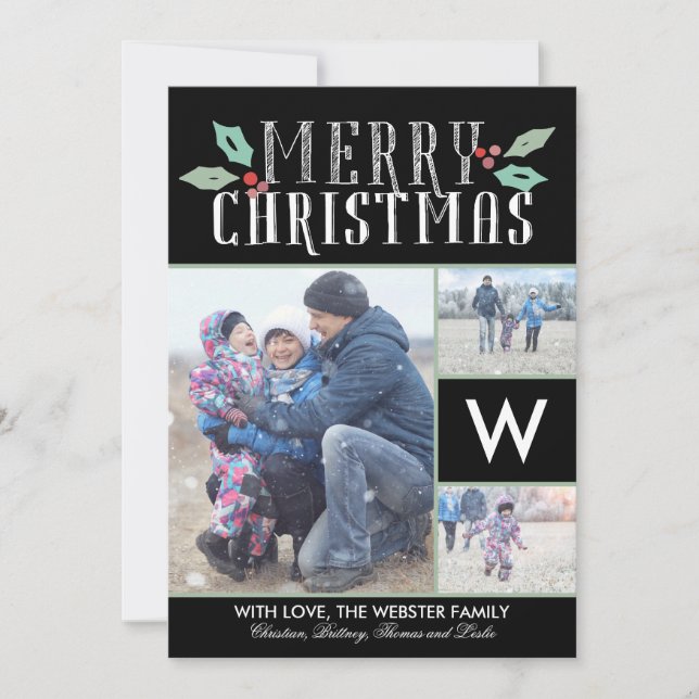 Modern Hollies Monogram 3 Foto Weihnachten (Vorderseite)