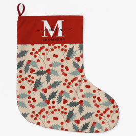Modern Holly Berry Christmas Botanical Monogram Großer Weihnachtsstrumpf