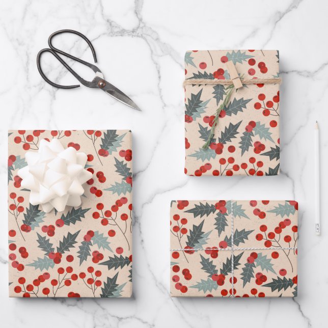 Modern Holly Berry Christmas Botanisches Muster Geschenkpapier Set (Vorderseite)