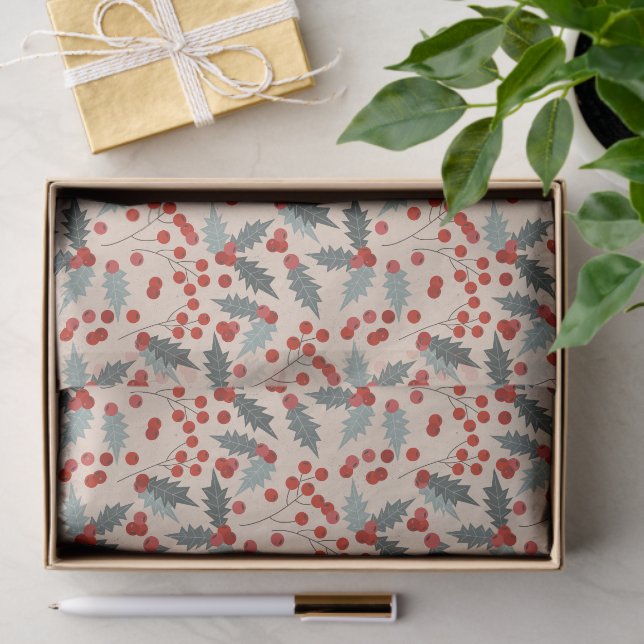 Modern Holly Berry Christmas Botanisches Muster Seidenpapier (Geschenk)