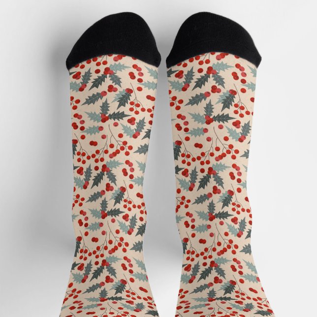 Modern Holly Berry Christmas Botanisches Muster Socken (Oben)