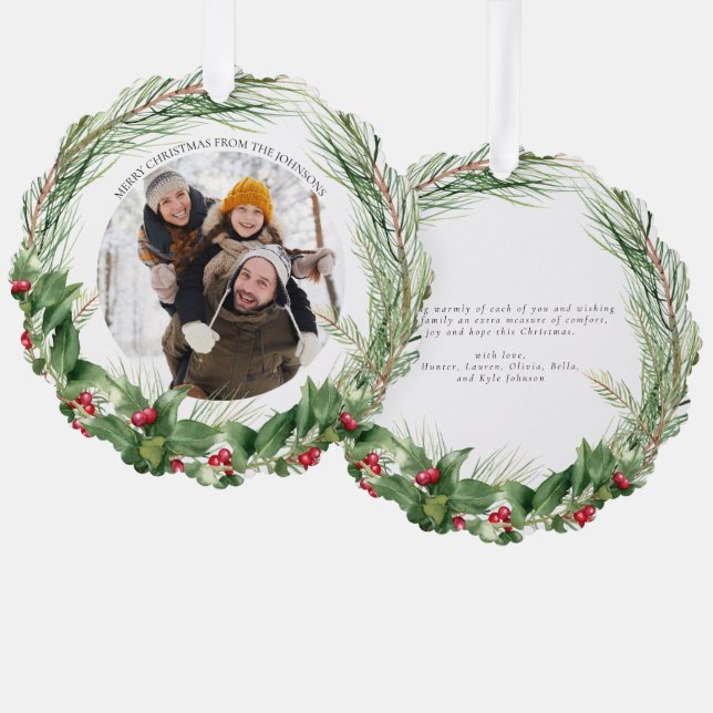 Modern Holly Berry Frohe Weihnachts Foto Wreath Ornament Karte (Vorderseite/Rückseite)