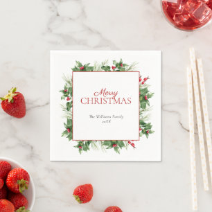 Modern Holly Berry Merry Christmas Napkins Serviette