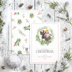 Modern Holly Berry Wreath Frohe Weihnachts-Foto Feiertagskarte