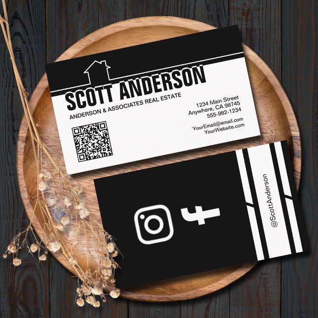 Modern Home Logo Social Media QR Code Black Visitenkarte (Home logo QR Code social media black-white business cards - real estate, cleaning, construction)