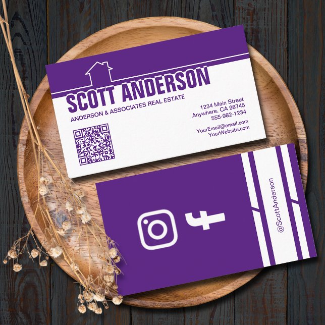 Modern Home Logo Social Media QR Code Purple Visitenkarte (Home logo QR Code social media purple-white business cards - real estate, cleaning, construction)