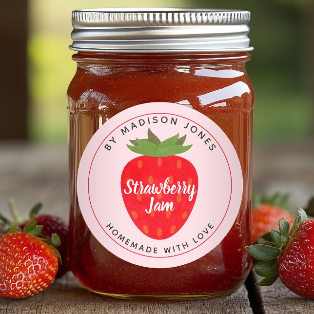 Modern Homemade Strawberry Jam Canning Jar Label Runder Aufkleber (Von Creator hochgeladen)