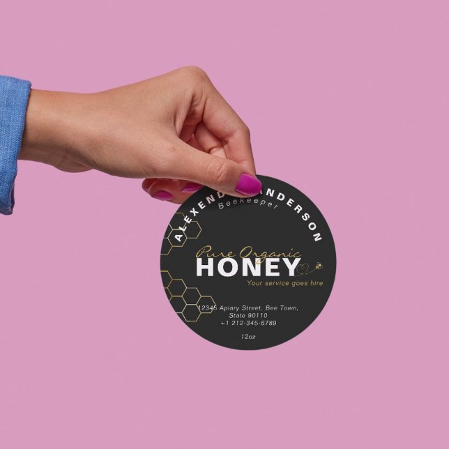 Modern Honey Bees Gold Honeycomb Black Runder Aufkleber (Modern Honey Bees Gold Honeycomb Black Classic Round Sticker)