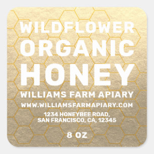 Modern Honey Jar Label Honeybee Apiary Gold Quadratischer Aufkleber