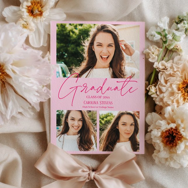 Modern hot pink 3 photos collage graduation ankündigung (Modern hot pink 3 photos collage graduation announcement)