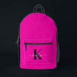Modern Hot Pink Black Script Monogram Bedruckter Rucksack<br><div class="desc">Dieser schlichte, elegante Rucksack in Rosa und Schwarz mit Ihrem Vornamen in einem trendigen Schriftart in Weiß und Ihrem ersten Erstling in einem modernen Schriftart in Schwarz ist für Sie perfekt. Es ist stilvoll und trendig und dennoch sehr klassisch. Es wird für die Schule, den Fitnessraum, Ausflüge, Wanderungen, Shopping, Fahrradfahren,...</div>