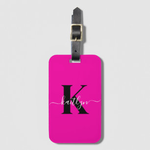 Modern Hot Pink Black Script Monogram Gepäckanhänger