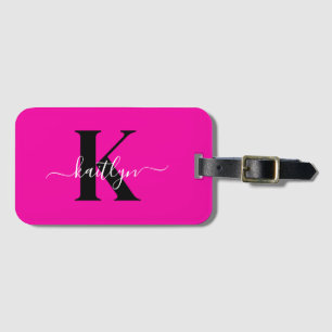 Modern Hot Pink Black Script Monogram Gepäckanhänger