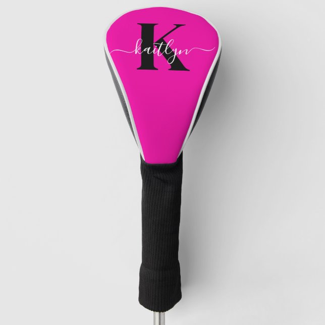 Modern Hot Pink Black Script Monogram Golf Headcover (Vorderseite)