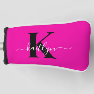 Modern Hot Pink Black Script Monogram Golf Headcover