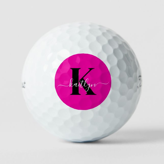 Modern Hot Pink Black Script Monogram Golfball (Vorderseite)
