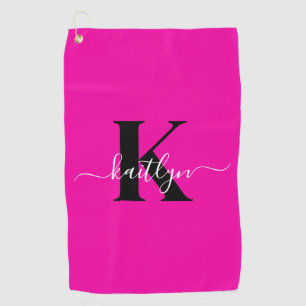 Modern Hot Pink Black Script Monogram Golfhandtuch