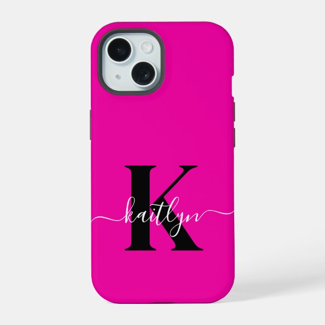Modern Hot Pink Black Script Monogram iPhone 15 Hülle (Rückseite)
